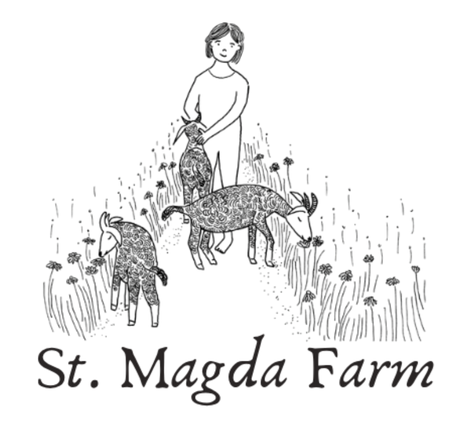 Illustration of person with goats on a grassy path labeled 'St. Magda Farm'.